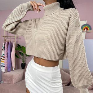 Womens Turtleneck Ribbed Knit Cropped Drop Shoulder Sweater